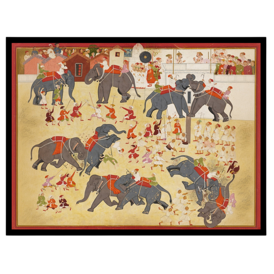 Experience the grandeur of an epic elephant parade captured in exquisite Indo-Mughal miniature art for area