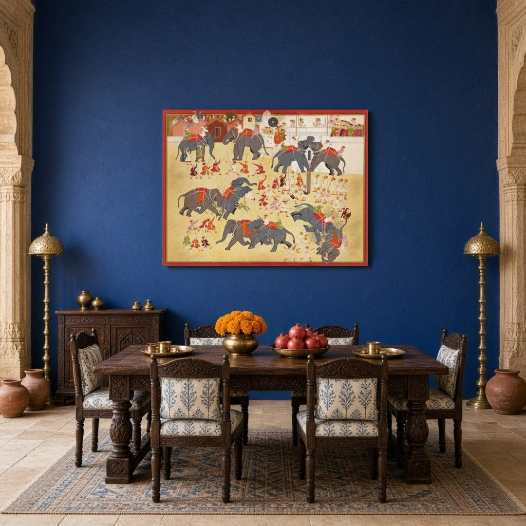 Experience the grandeur of an epic elephant parade captured in exquisite Indo-Mughal miniature art for Dining
