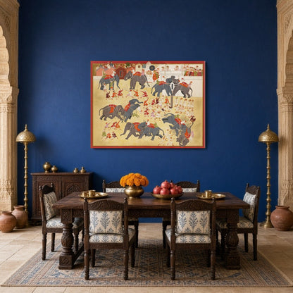 Experience the grandeur of an epic elephant parade captured in exquisite Indo-Mughal miniature art for Dining