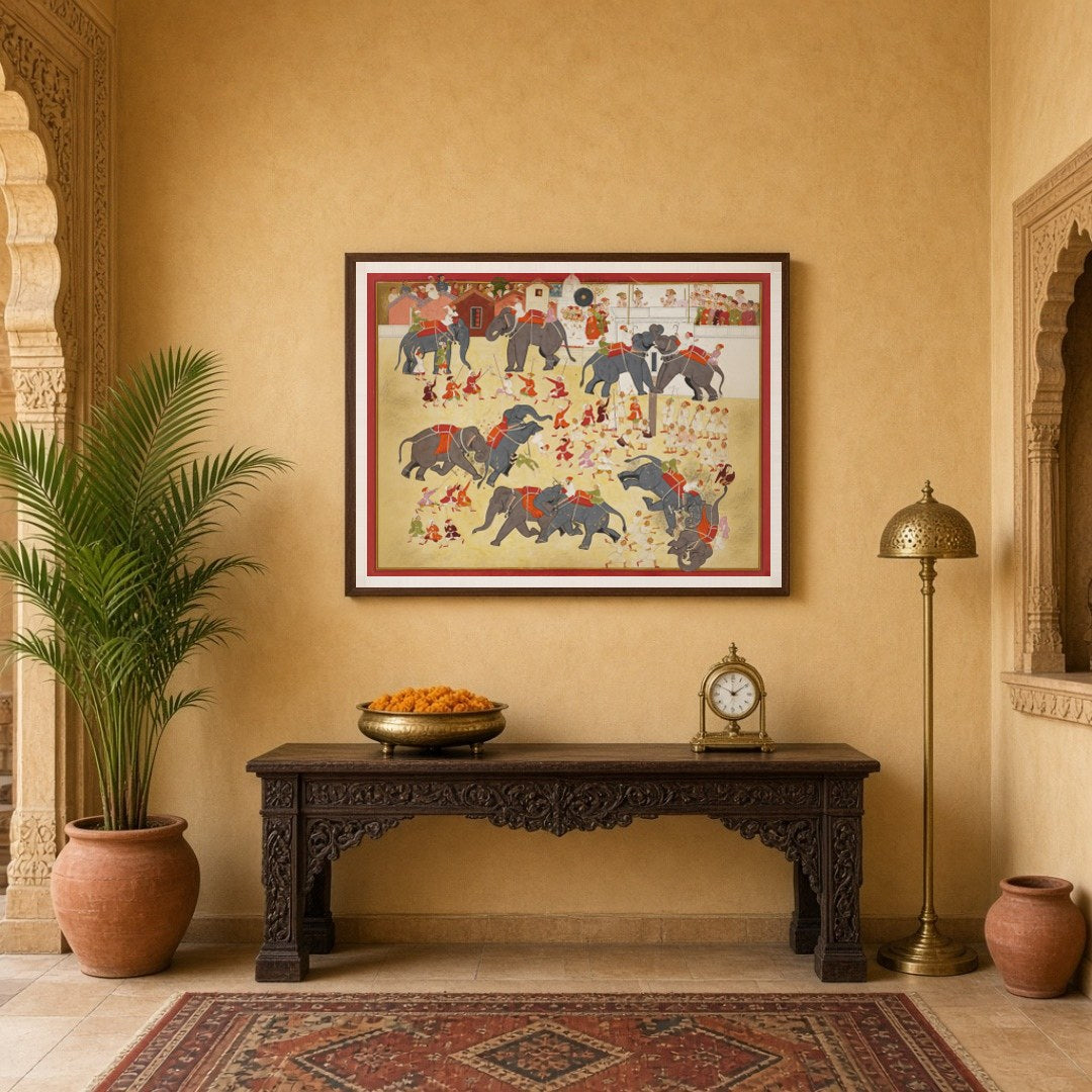Experience the grandeur of an epic elephant parade captured in exquisite Indo-Mughal miniature art for Entrance