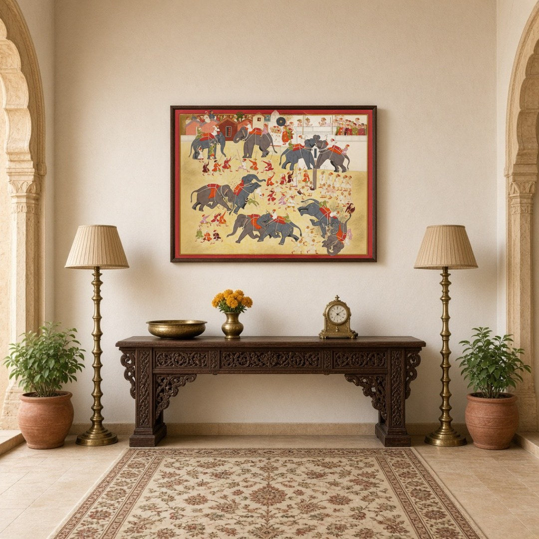 Experience the grandeur of an epic elephant parade captured in exquisite Indo-Mughal miniature art for Hallway