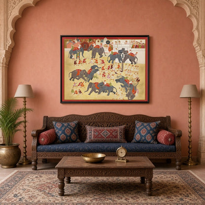 Experience the grandeur of an epic elephant parade captured in exquisite Indo-Mughal miniature art for Living Room