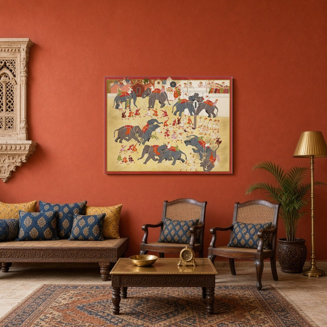 Experience the grandeur of an epic elephant parade captured in exquisite Indo-Mughal miniature art for Sitting Area