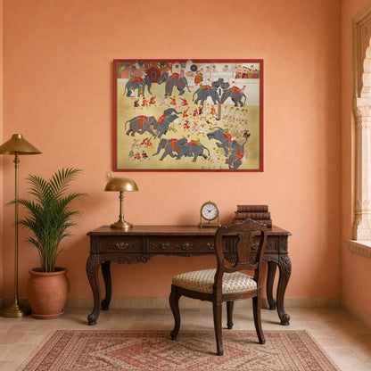 Experience the grandeur of an epic elephant parade captured in exquisite Indo-Mughal miniature art for Study
