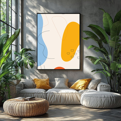 This vibrant abstract piece features bold shapes and fluid lines in a harmonious interplay of blue, for Balcony