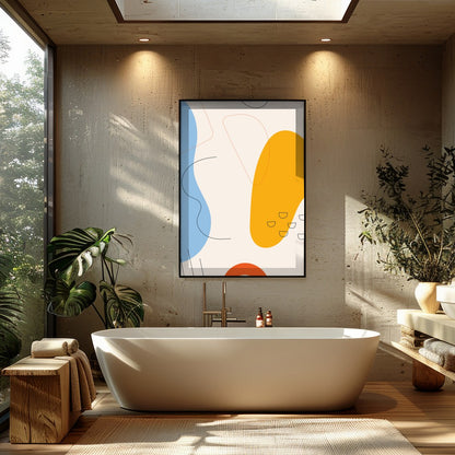 This vibrant abstract piece features bold shapes and fluid lines in a harmonious interplay of blue, for Bathroom
