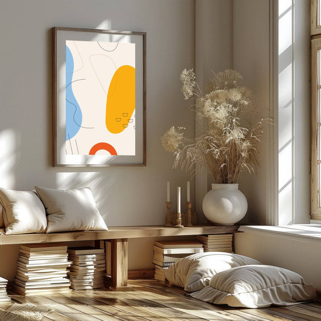 This vibrant abstract piece features bold shapes and fluid lines in a harmonious interplay of blue, for bedroom
