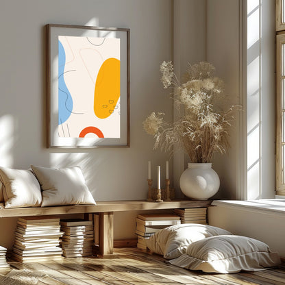 This vibrant abstract piece features bold shapes and fluid lines in a harmonious interplay of blue, for bedroom