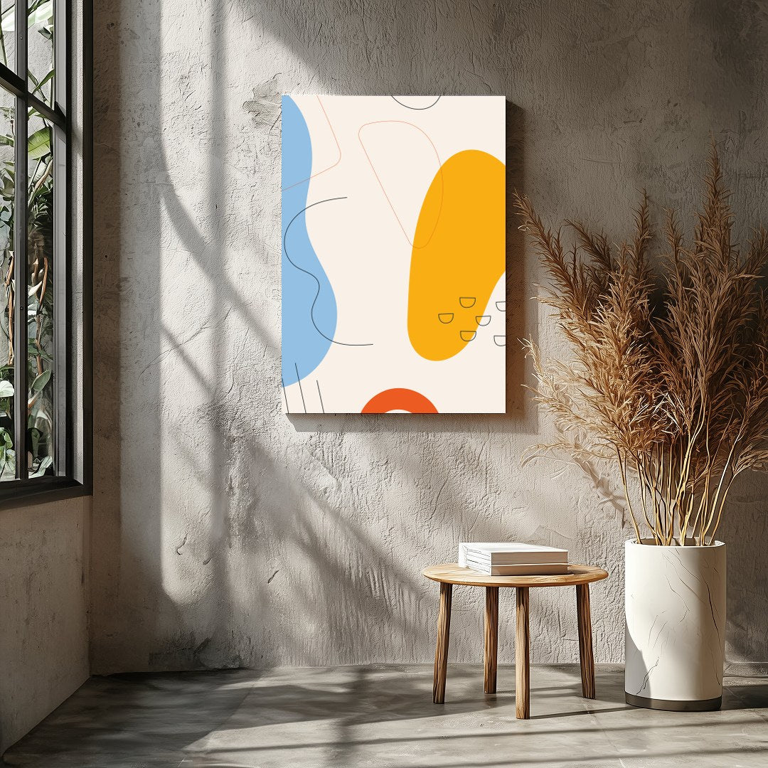 This vibrant abstract piece features bold shapes and fluid lines in a harmonious interplay of blue, for Entrance