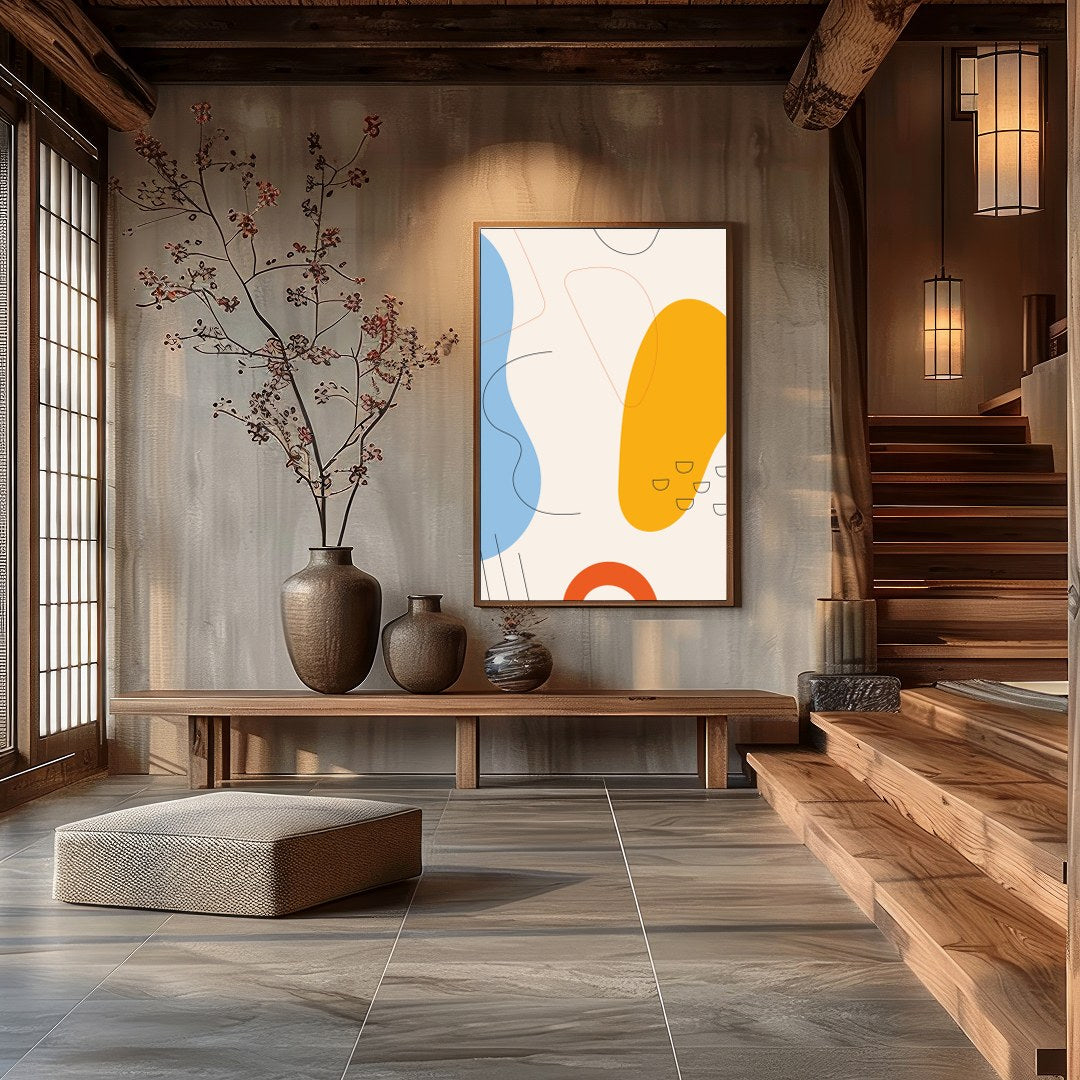 This vibrant abstract piece features bold shapes and fluid lines in a harmonious interplay of blue, for Hall
