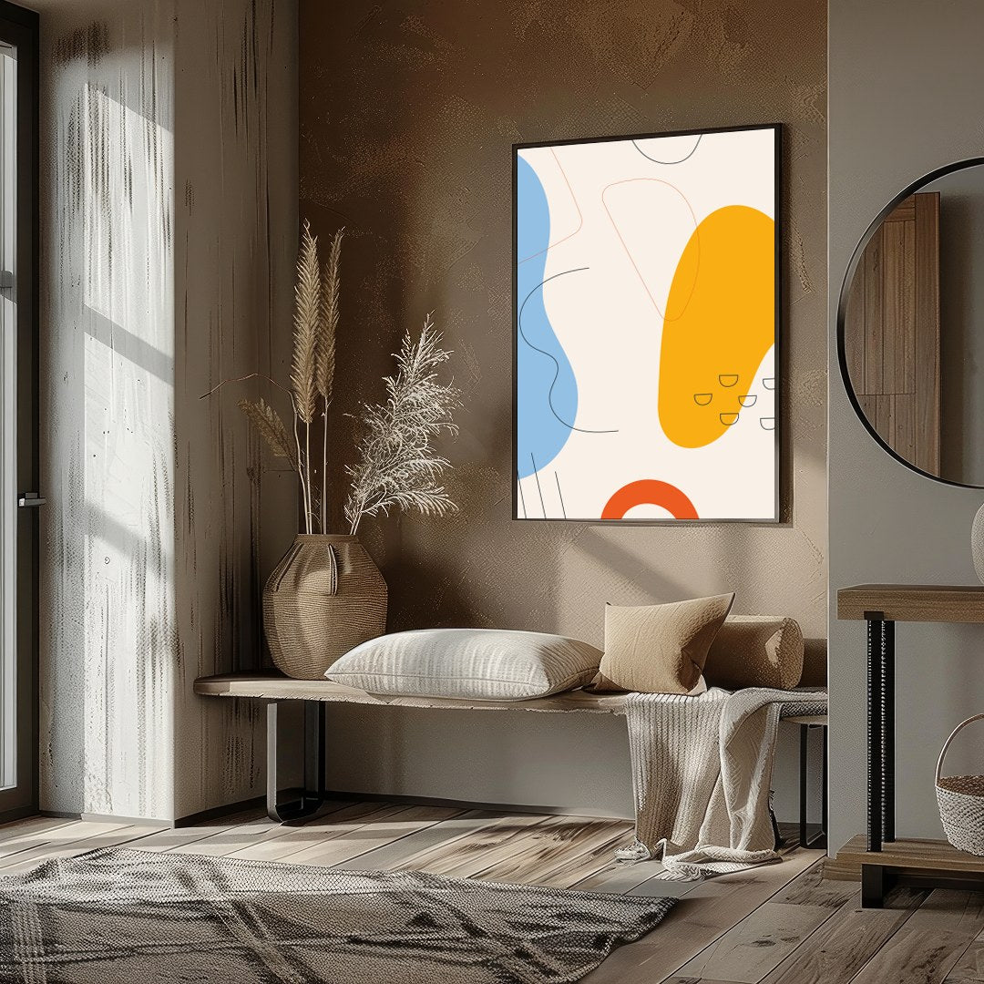 This vibrant abstract piece features bold shapes and fluid lines in a harmonious interplay of blue, for hallway