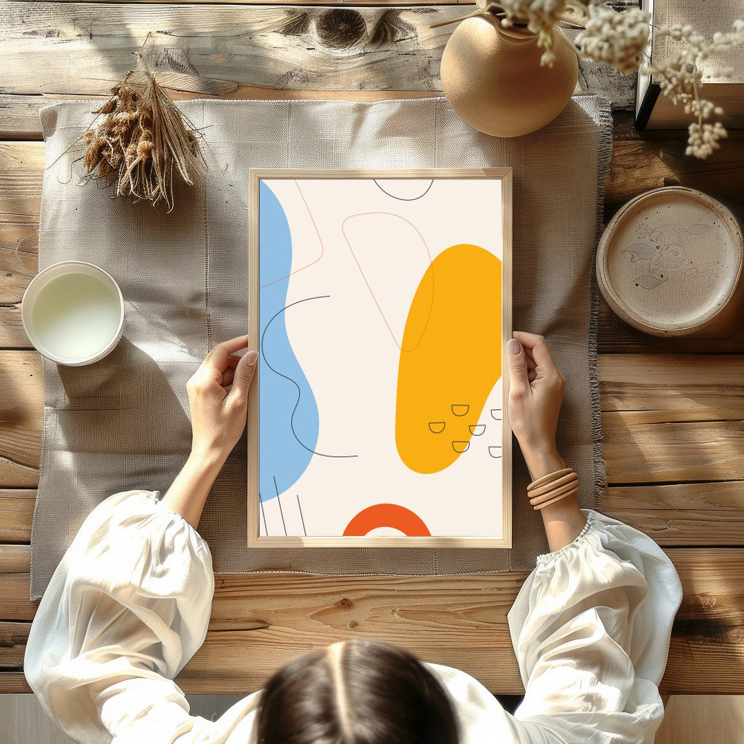 This vibrant abstract piece features bold shapes and fluid lines in a harmonious interplay of blue, for Kitchen