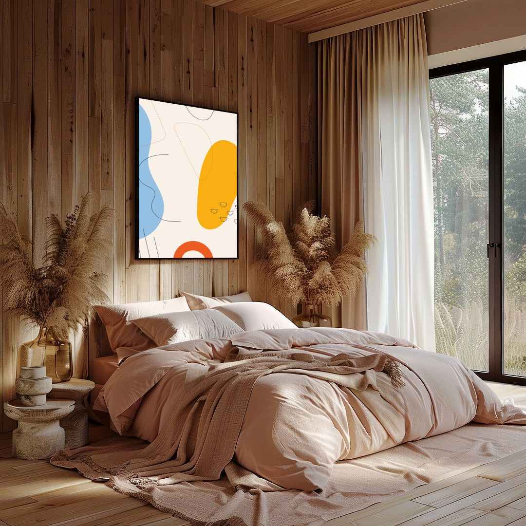 This vibrant abstract piece features bold shapes and fluid lines in a harmonious interplay of blue, for office