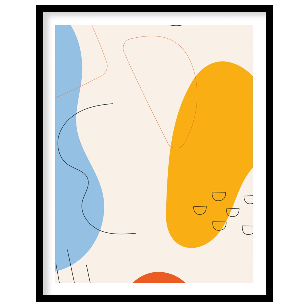 This vibrant abstract piece features bold shapes and fluid lines in a harmonious interplay of blue, for room