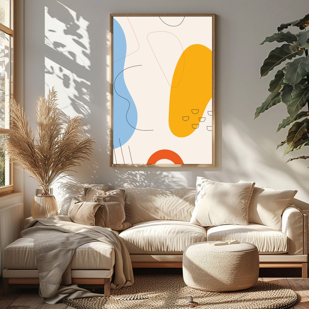 This vibrant abstract piece features bold shapes and fluid lines in a harmonious interplay of blue, for Sitting Area