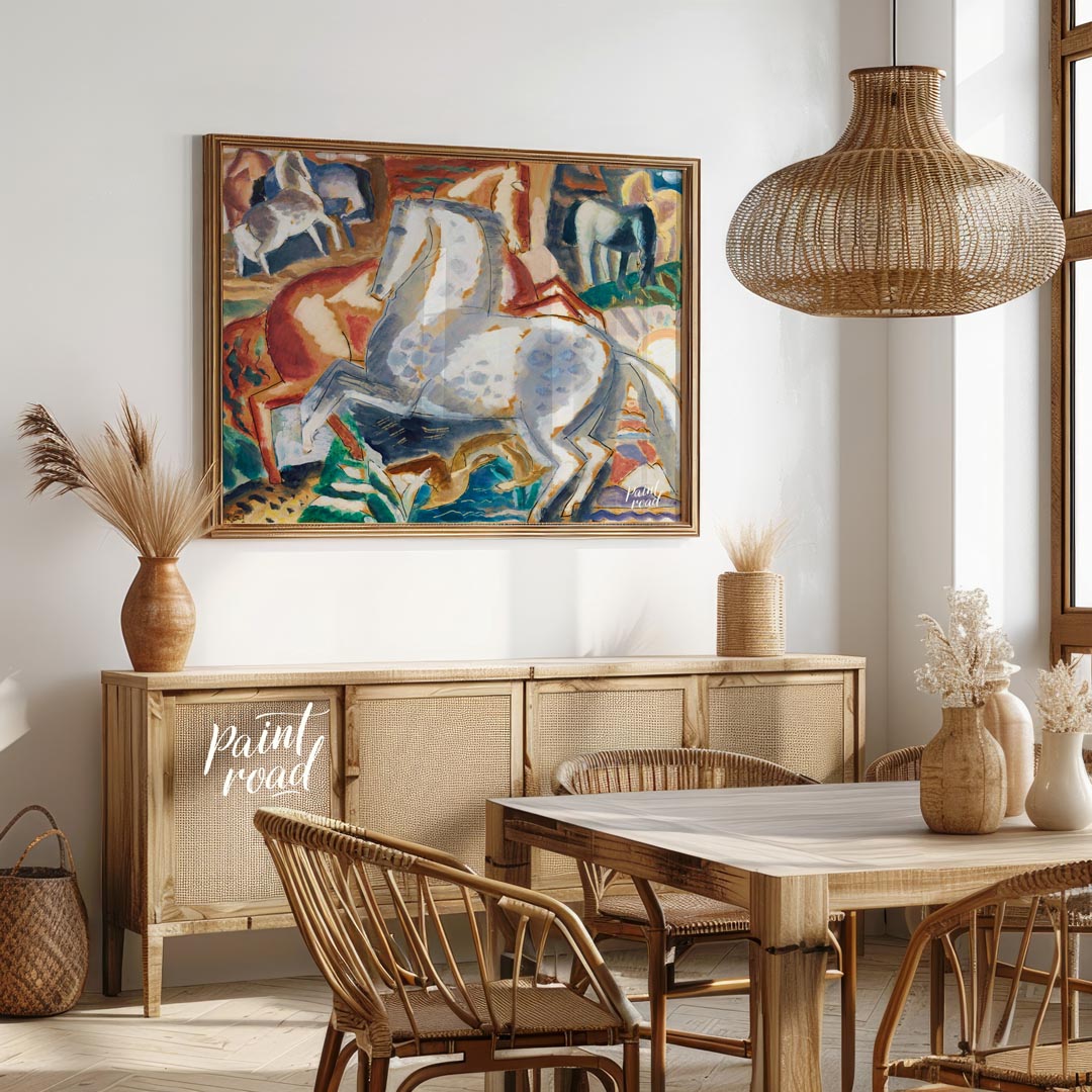 This vibrant painting captures a dynamic scene of multiple horses in a lush, stylized landscape. Th… for dining room