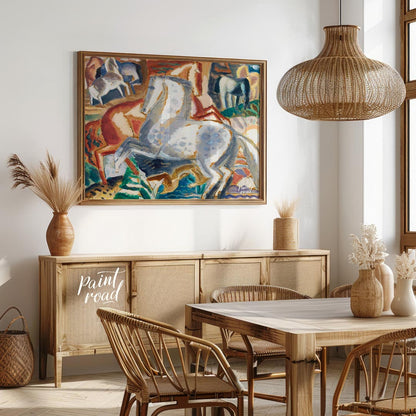 This vibrant painting captures a dynamic scene of multiple horses in a lush, stylized landscape. Th… for dining room