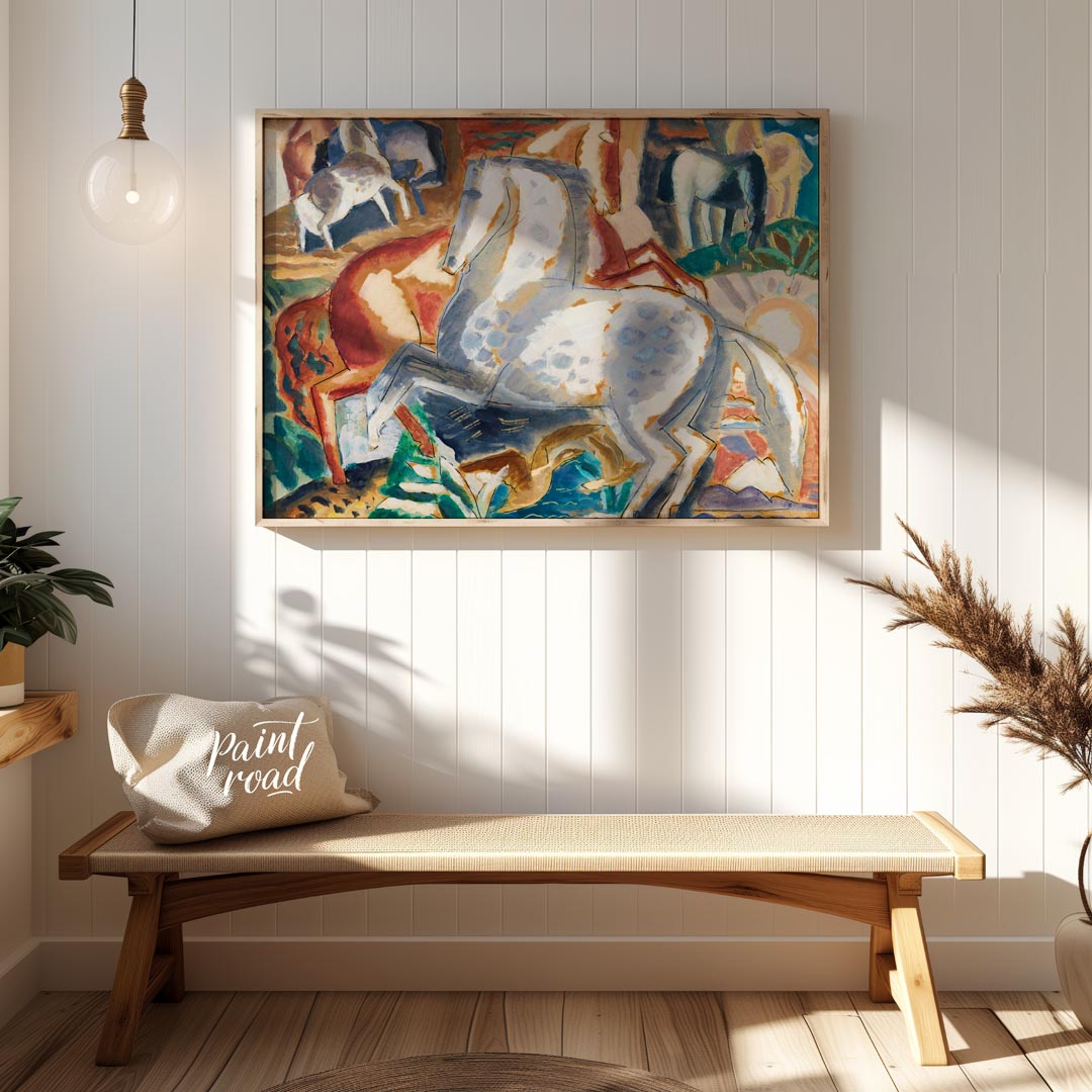 This vibrant painting captures a dynamic scene of multiple horses in a lush, stylized landscape. Th… for entryway