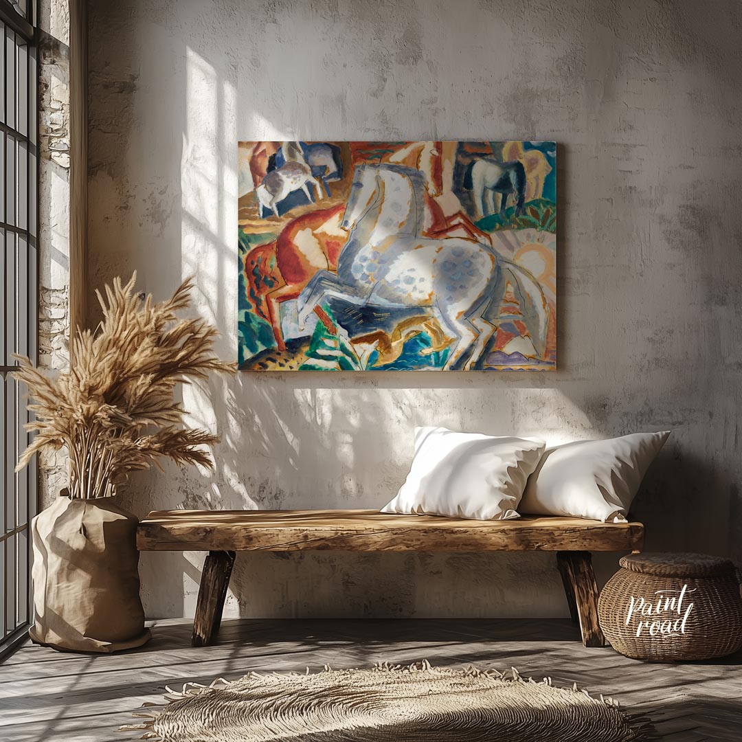 This vibrant painting captures a dynamic scene of multiple horses in a lush, stylized landscape. Th… for entryway