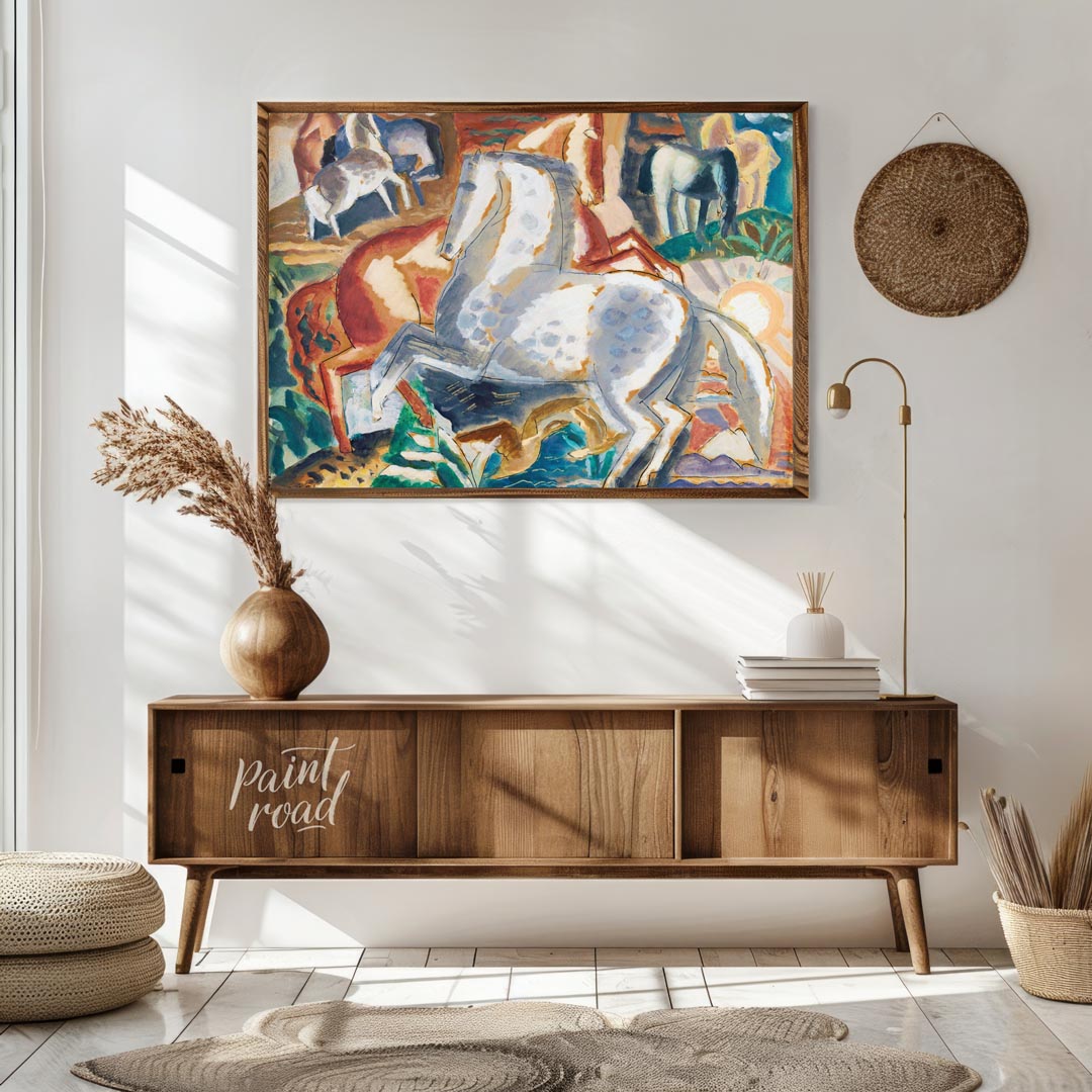 This vibrant painting captures a dynamic scene of multiple horses in a lush, stylized landscape. Th… for living room