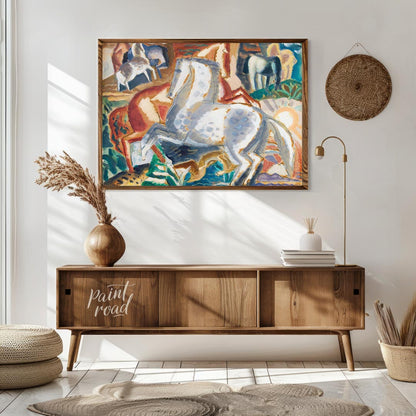 This vibrant painting captures a dynamic scene of multiple horses in a lush, stylized landscape. Th… for living room