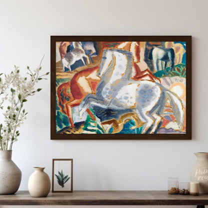 This vibrant painting captures a dynamic scene of multiple horses in a lush, stylized landscape. Th… for living room