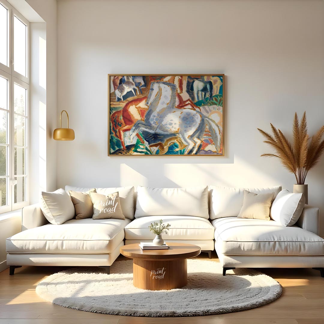 This vibrant painting captures a dynamic scene of multiple horses in a lush, stylized landscape. Th… for living room