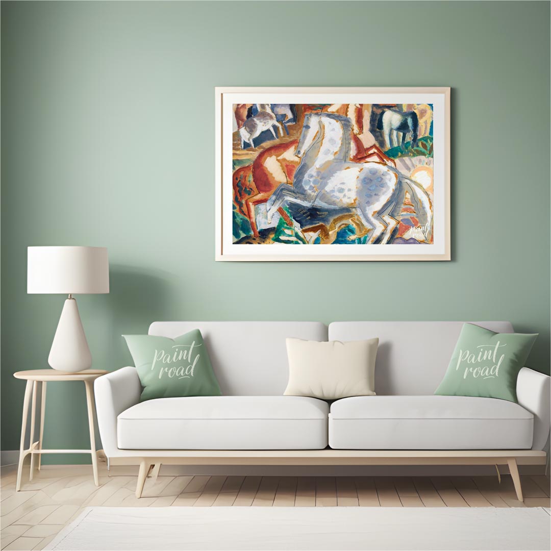 This vibrant painting captures a dynamic scene of multiple horses in a lush, stylized landscape. Th… for living room