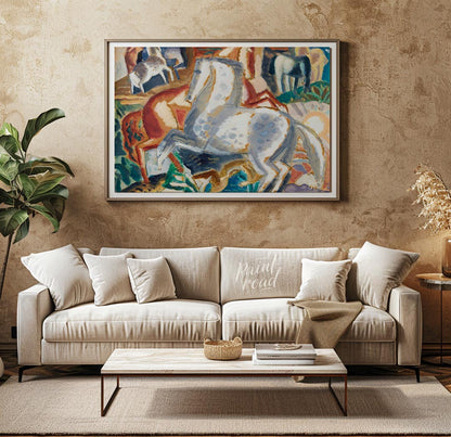 This vibrant painting captures a dynamic scene of multiple horses in a lush, stylized landscape. Th… for living room