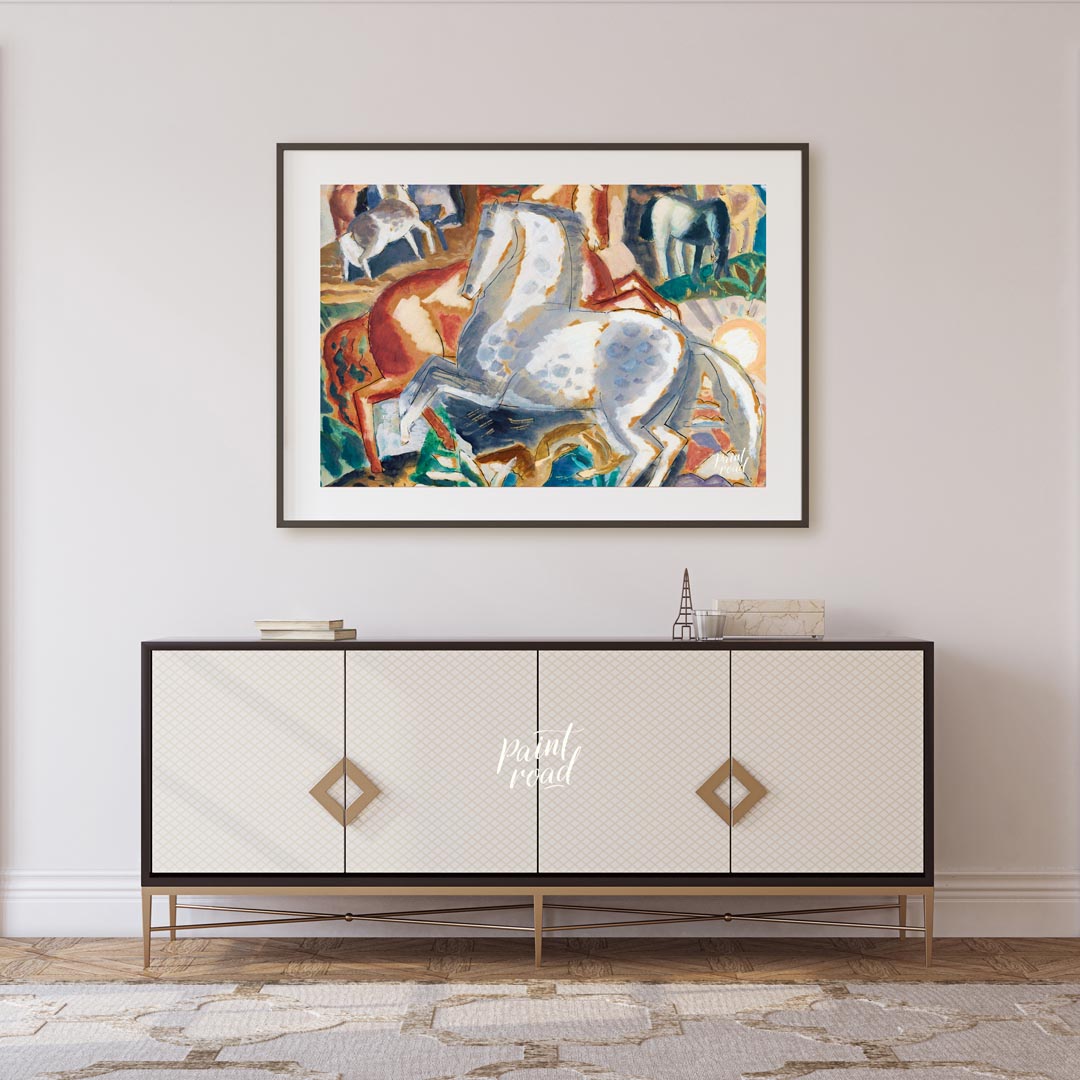 This vibrant painting captures a dynamic scene of multiple horses in a lush, stylized landscape. Th… for living room
