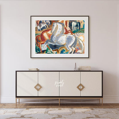 This vibrant painting captures a dynamic scene of multiple horses in a lush, stylized landscape. Th… for living room