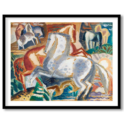 This vibrant painting captures a dynamic scene of multiple horses in a lush, stylized landscape. Th… for sweet-home