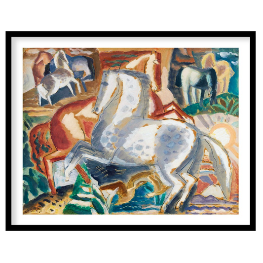 This vibrant painting captures a dynamic scene of multiple horses in a lush, stylized landscape. Th… for sweet-home