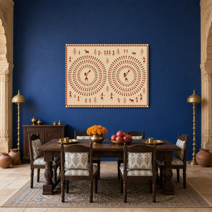 Immerse yourself in the enchanting world of Warli art with this captivating piece depicting dynamic for Dining