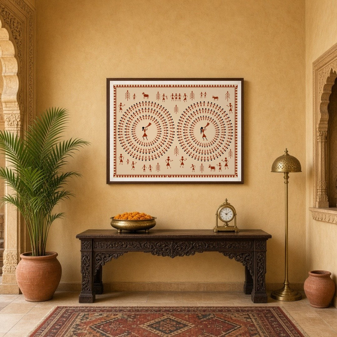 Immerse yourself in the enchanting world of Warli art with this captivating piece depicting dynamic for Entrance