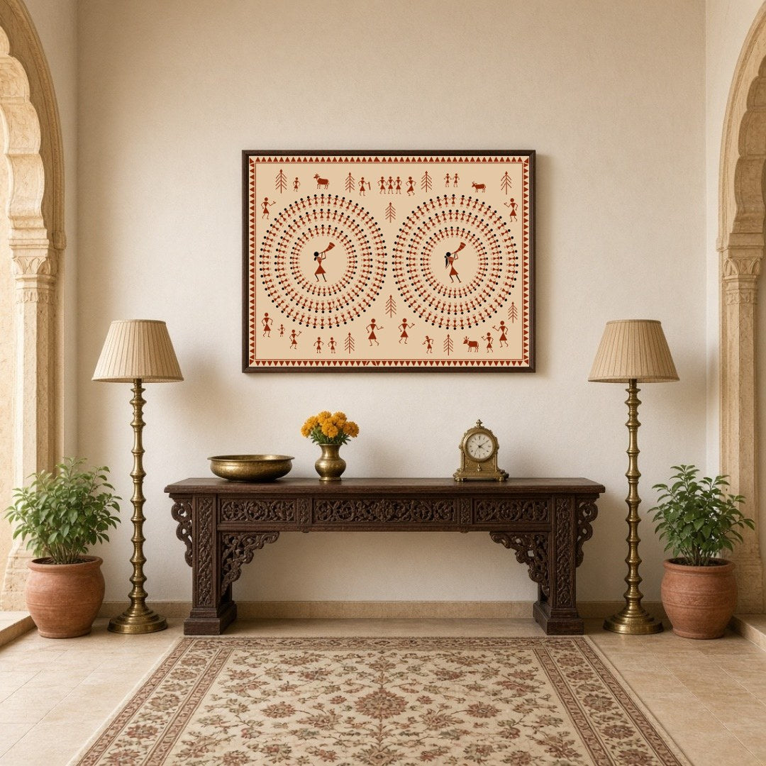 Immerse yourself in the enchanting world of Warli art with this captivating piece depicting dynamic for Hallway