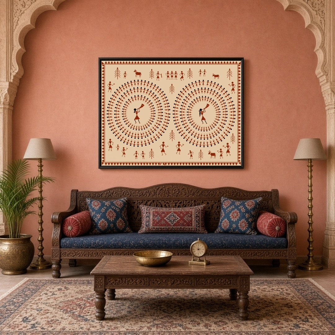 Immerse yourself in the enchanting world of Warli art with this captivating piece depicting dynamic for Living Room
