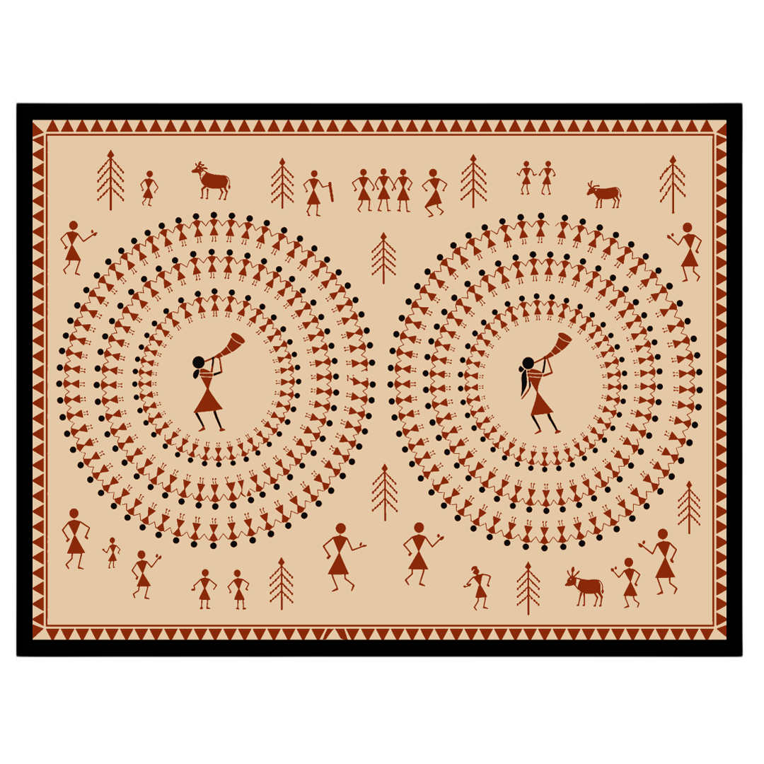 Immerse yourself in the enchanting world of Warli art with this captivating piece depicting dynamic for retreat