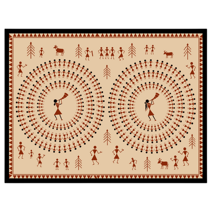 Immerse yourself in the enchanting world of Warli art with this captivating piece depicting dynamic for retreat