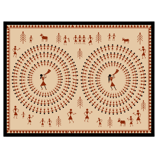 Immerse yourself in the enchanting world of Warli art with this captivating piece depicting dynamic for retreat
