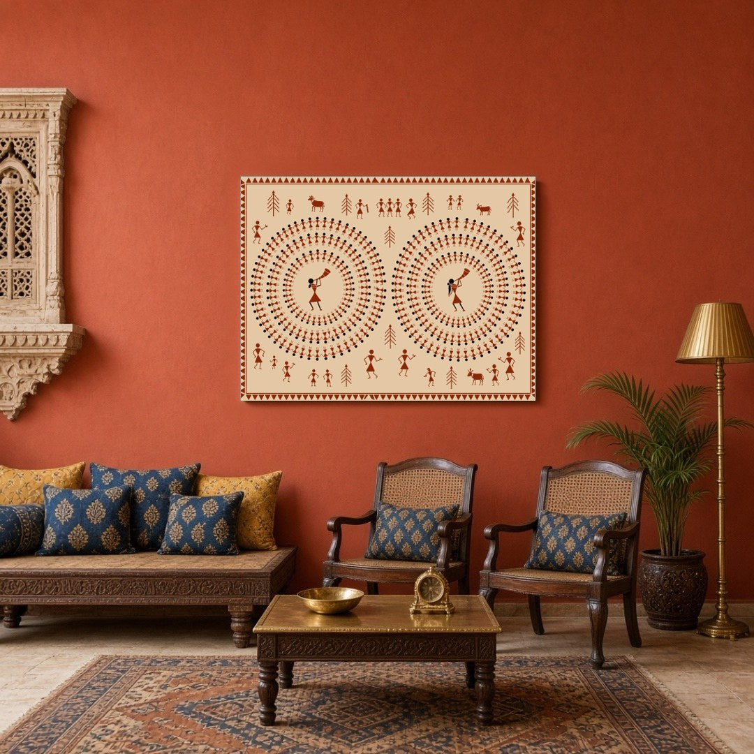Immerse yourself in the enchanting world of Warli art with this captivating piece depicting dynamic for Sitting Area