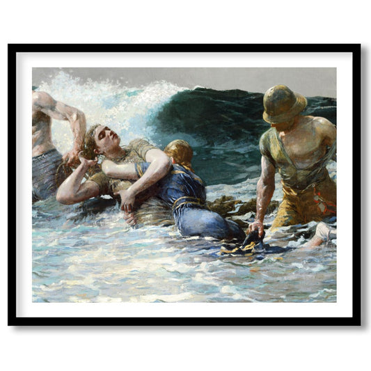 Capturing the raw power of the ocean, this artwork portrays a gripping scene of human perseverance for abode