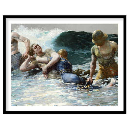 Capturing the raw power of the ocean, this artwork portrays a gripping scene of human perseverance for abode
