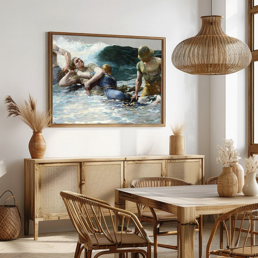 Capturing the raw power of the ocean, this artwork portrays a gripping scene of human perseverance for Dining