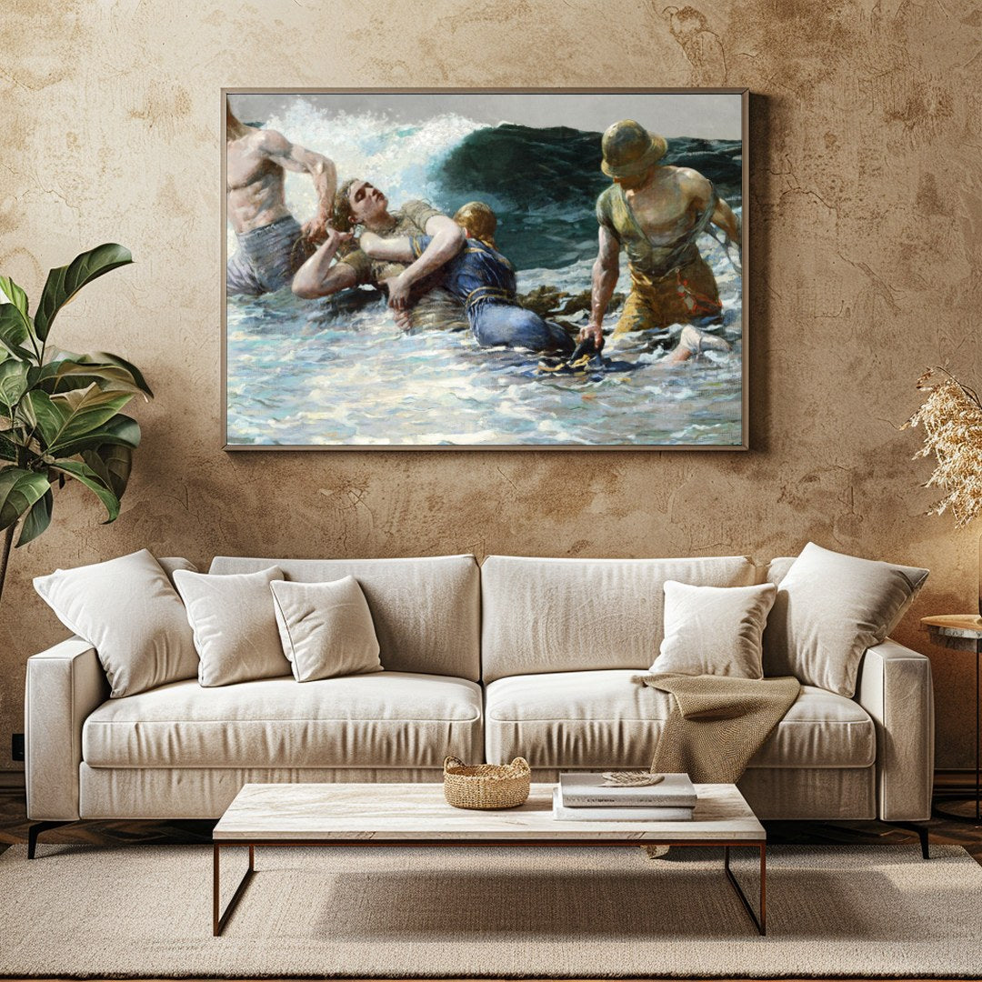 Capturing the raw power of the ocean, this artwork portrays a gripping scene of human perseverance for Family Room