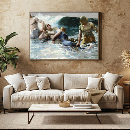 Capturing the raw power of the ocean, this artwork portrays a gripping scene of human perseverance for Family Room