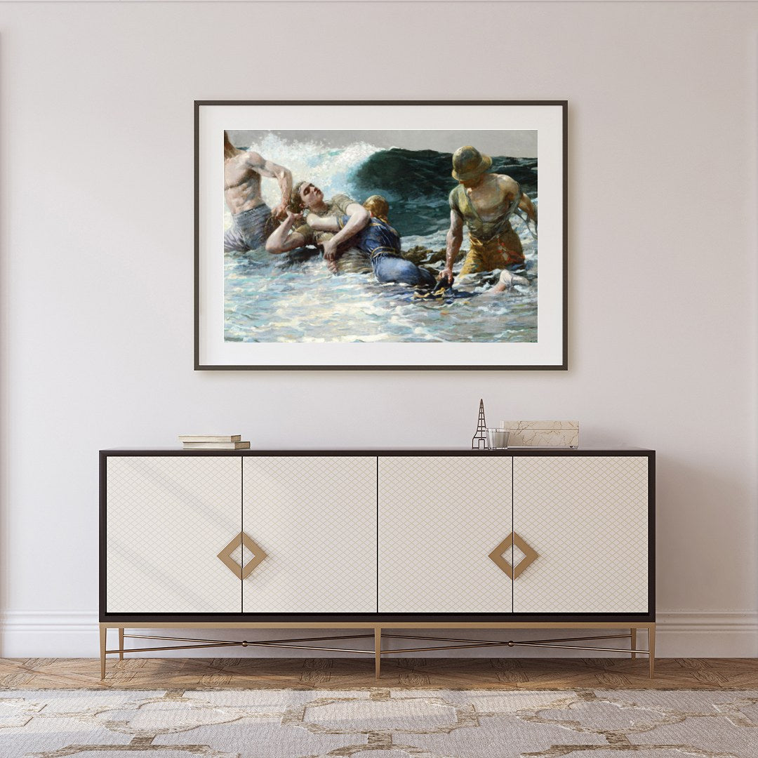 Capturing the raw power of the ocean, this artwork portrays a gripping scene of human perseverance for Foyer