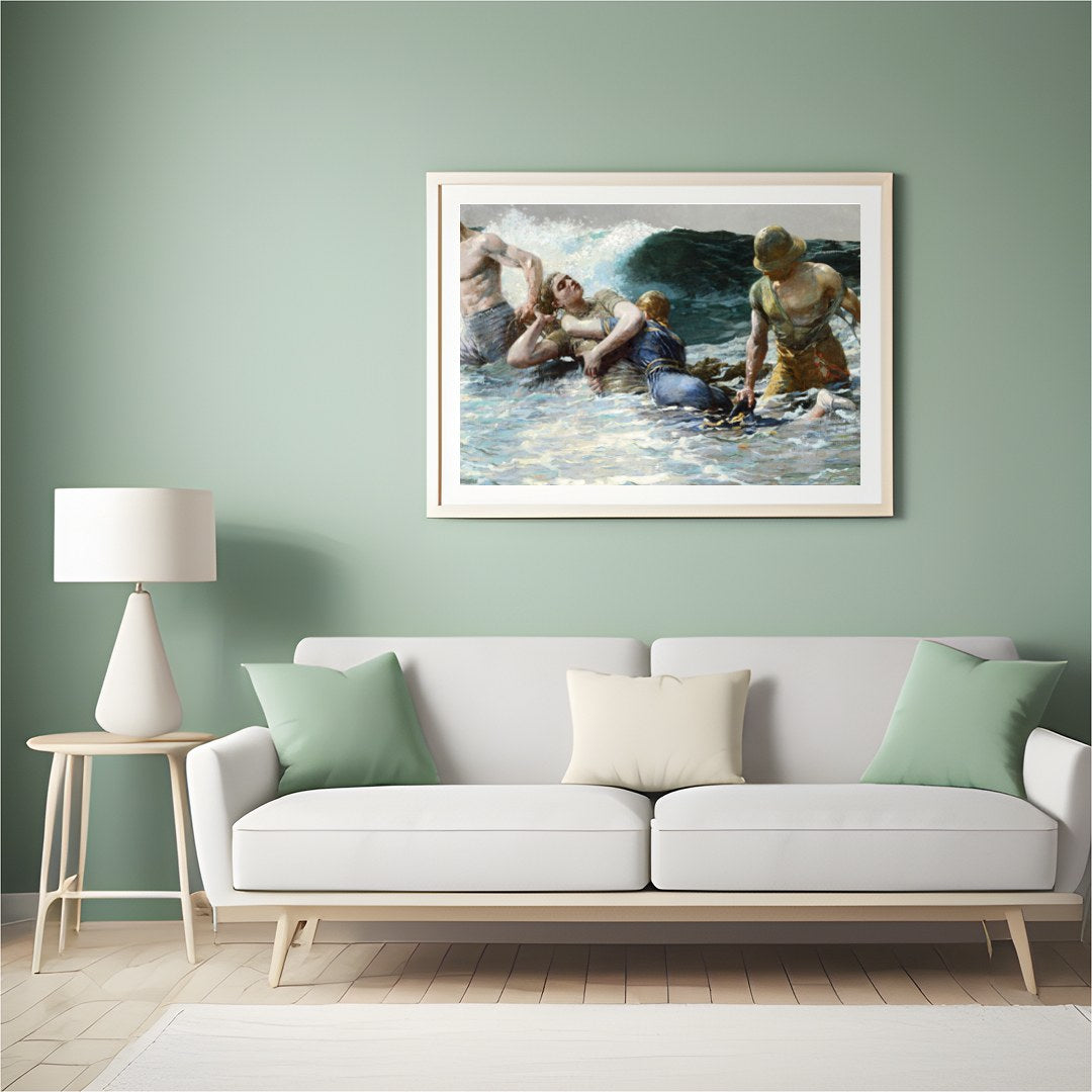 Capturing the raw power of the ocean, this artwork portrays a gripping scene of human perseverance for Hall