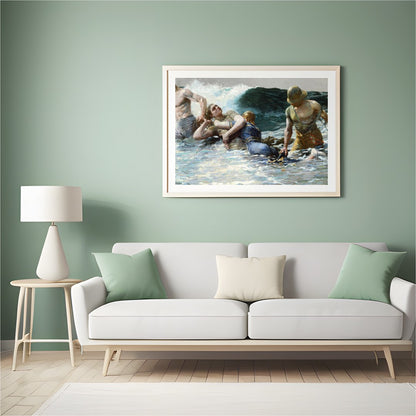 Capturing the raw power of the ocean, this artwork portrays a gripping scene of human perseverance for Hall