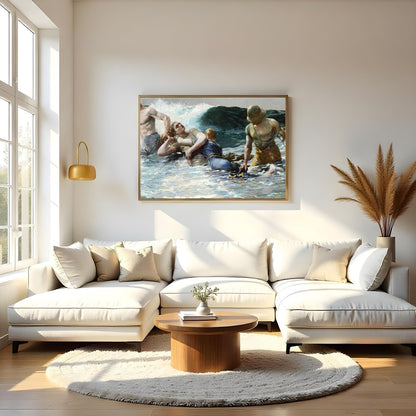 Capturing the raw power of the ocean, this artwork portrays a gripping scene of human perseverance for Living Room